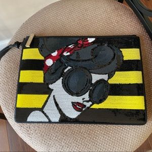 Alice + Olivia Stace Sequin Girl Face Large leather Zip Pouch clutch wristlet